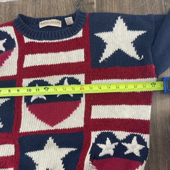 VTG 90s Grunge Thrashed Patriotic Sweater M American Flag Stars Stripes Knit - Picture 7 of 11